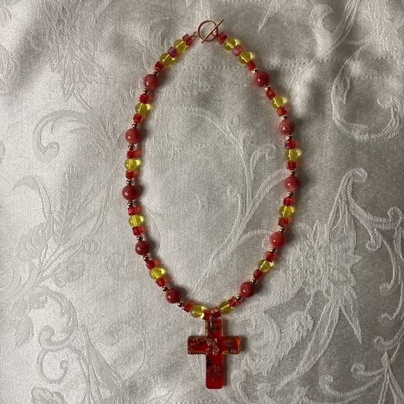 Handcrafted Red Murano Glass Cross Necklace w/Red Quartz and Citrine - Picture 3 of 6